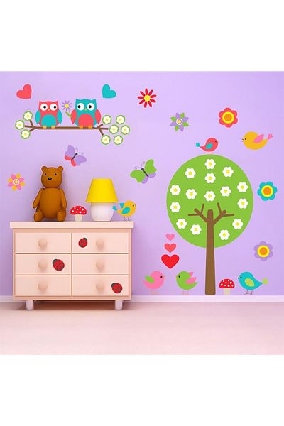 Tilki Dünyası Cute Owl, Flower, Tree and Bird Kids Room Wall Sticker