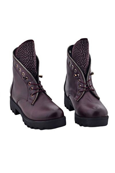 HitDukkan Bordo Taşlı Deri Kadın Bot Mod22