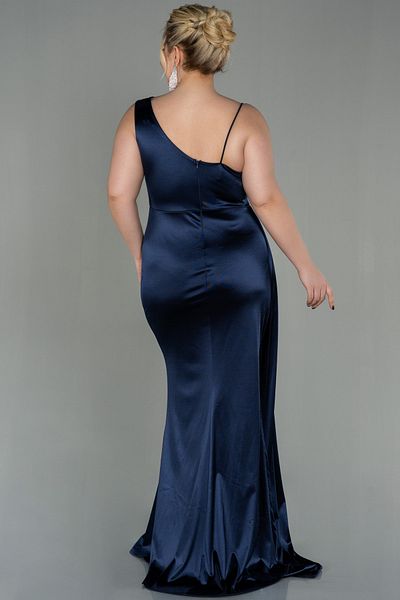 Abiyefon Navy Blue One Shoulder Long Satin Plus Size Evening Dress Abu2932