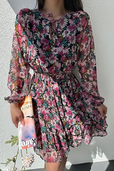BUKETLİ Multi Çiçek Desenli Tasarım Elbise