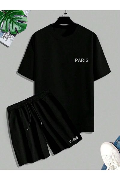 YUVEST Blackrock Unisex Oversize Paris Printed Black Crew Neck T-shirt Shorts