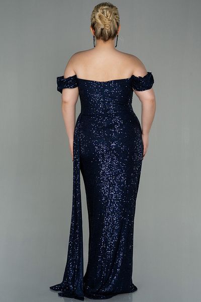Abiyefon Navy Blue Boat Neck Long Sequin Plus Size Evening Dress Abu2973
