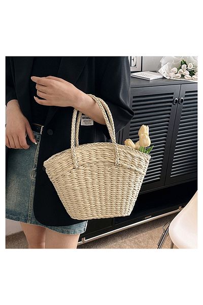 FASHION COCKTAIL Geantă de paie de plajă, ovală, căptușită, cu curea de mână dublă și curea de umăr