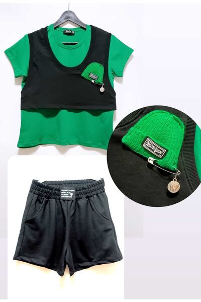 Elvinsa Set de 3 piese pentru fetiță, cu beretă verde tricotată, tricou verde...