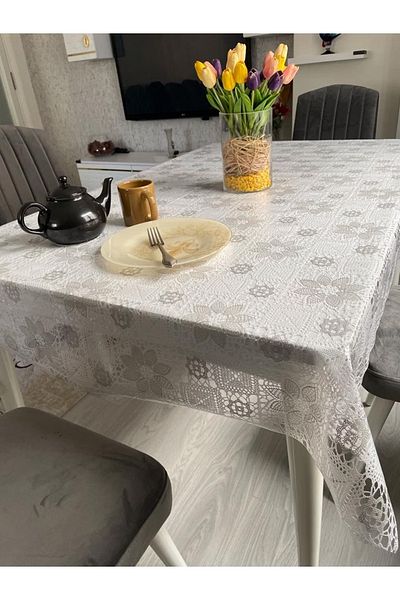 LİMAY 1. Class Japanese Tablecloth - Lace Embroidered - Transparent - Non Perforated - Non-Slip