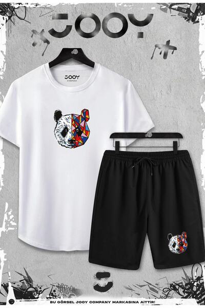 Jooy Company مجموعة من 2 تي شيرت أبيض بقصة ضيقة بطبعات باندا مع شورت أسود