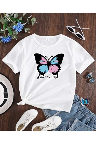 MORNİNG KİDS Tricou pentru copii din bumbac pieptănat cu imprimeu fluture alb