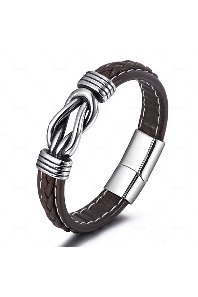 Tesbihane Premium Brown Leather & Steel Combination Sailor Knot Design Avant-Garde Men's Bracelet