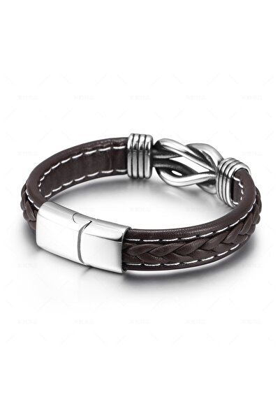 Tesbihane Premium Brown Leather & Steel Combination Sailor Knot Design Avant-Garde Men's Bracelet