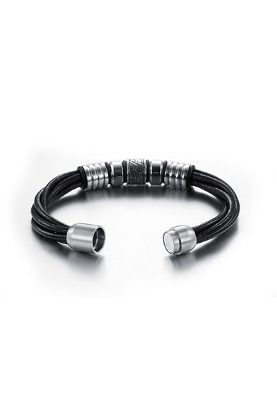 Tesbihane Multi-Layered Leather & Steel Combination Retro Design Magnetic Buckle Avant-Garde Men's Bracelet