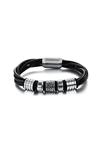 Tesbihane Multi-Layered Leather & Steel Combination Retro Design Magnetic Buckle Avant-Garde Men's Bracelet