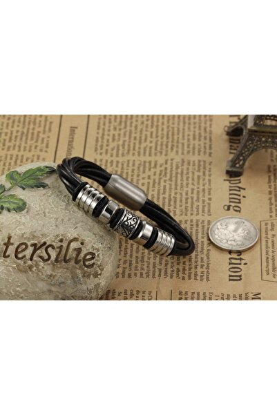 Tesbihane Multi-Layered Leather & Steel Combination Retro Design Magnetic Buckle Avant-Garde Men's Bracelet