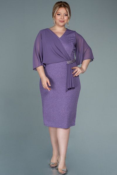 Abiyefon Lilac Chiffon Short Sleeve Glitter Midi Plus Size Evening Dress Abk1567