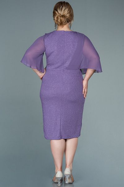 Abiyefon Lilac Chiffon Short Sleeve Glitter Midi Plus Size Evening Dress Abk1567