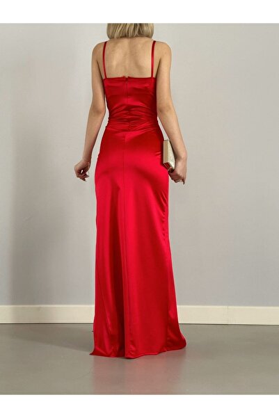 dükkan10butika Kadın Uzun Yırtmaçlı Abiye Nişan Kına Düğün Gece Elbise Kırmızı Dar Kalıp
