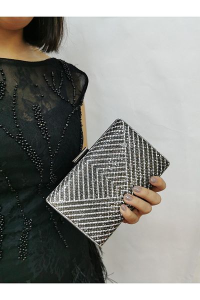 NAZART Γυναικείο βραδινό φόρεμα από πλατινένιο πέτρινο Clutch Portfolio Hand Night Wedding Bag