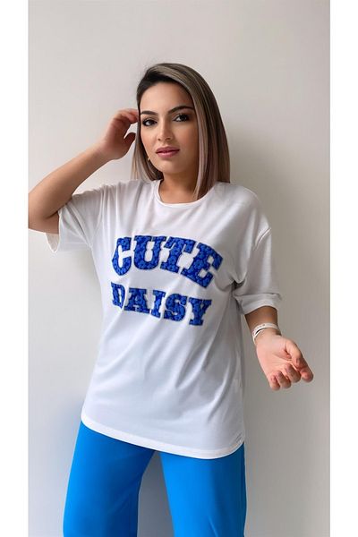 SEDA FİDAN Ανάγλυφο μπλουζάκι Cute Daisy Ecru Blue