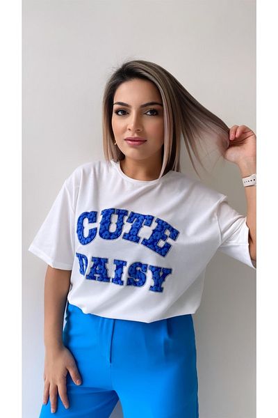 SEDA FİDAN Ανάγλυφο μπλουζάκι Cute Daisy Ecru Blue