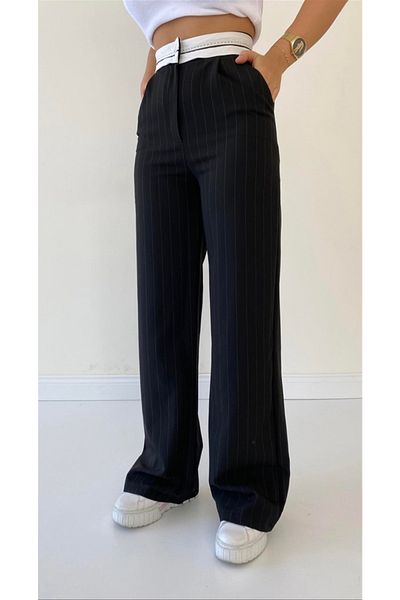 SEDA FİDAN Black Striped Palazzo Fabric - Waist Striped Trousers