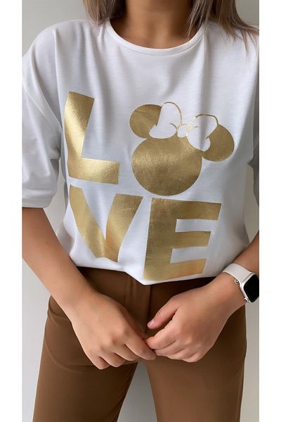 SEDA FİDAN Love Foil εμπριμέ T-Shirt Ecru