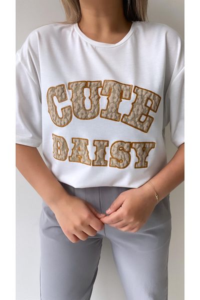SEDA FİDAN Ανάγλυφο μπλουζάκι Cute Daisy Ecru Beige