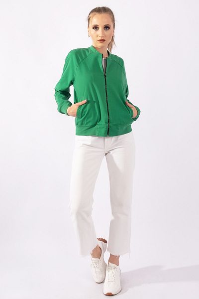 Bold & Young Palton de primăvară pentru femei, din bumbac verde, lycra, cu fermoar, cu buzunare