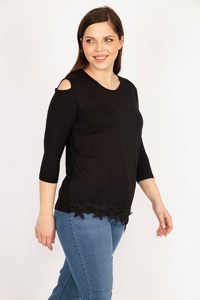 Şans Women's Black Plus Size One-Shoulder Low-Cut Hem Lace Blouse 65n36150