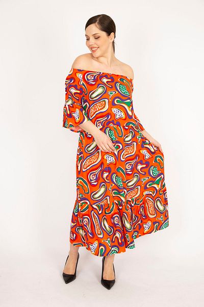 Şans Women's Orange Plus Size Woven Viscose Fabric Collar Elastic Sleeve And Hem Pleated Dress 65n36170