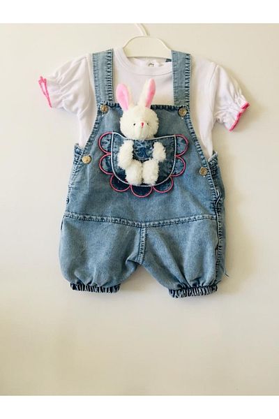 GÜNEŞ KİDS Baby Girl Toy Rabbit Accessory Denim Salopet and T-shirt Set