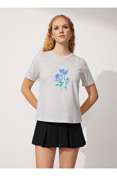 People By Fabrika Bisiklet Yaka Baskılı Gri Kadın T-shirt Jayap