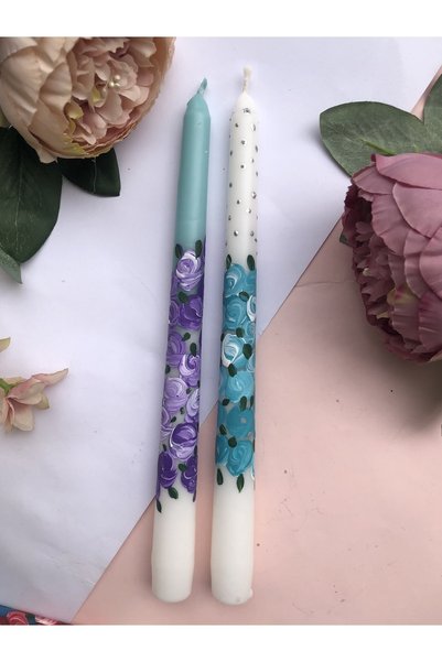 Elif Design 2 ‘ Li Set Desenli Tasarım Şamdan Mumu El Çizimi Çiçekli Konik Mu...