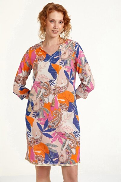 İKİLER Yakası Püskül Kordonlu Desenli Elbise 023-4004