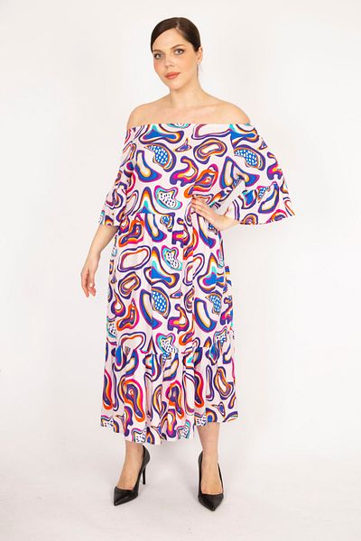 Şans Women's Saks Plus Size Woven Viscose Fabric Collar Elastic Sleeve And Hem Pleated Dress 65n36170