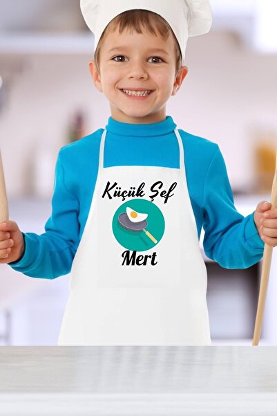 Florence Event Çocuklara Özel Isim Yazılı Küçük Şef Baskılı Beyaz Çocuk Mutfa...