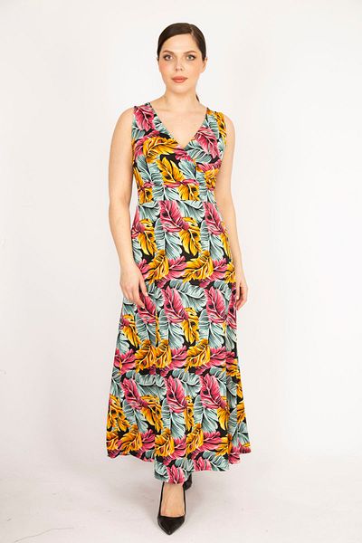 Şans Women's Colorful Large Size Wraped Collar Colorful Long Dress 65n36192