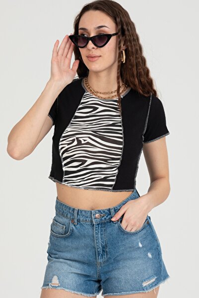 ALFUDO Moda Collection Zebra Patterned Stretch Fabric Viscose and Ribbed Knit Crop Reverse Stitch Black Blouse