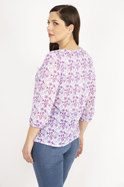 Şans Women's Lilac Plus Size Collar and Skirt Rubber Detailed Blouse 65n36183