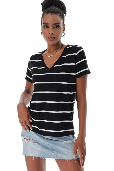 CHUBA Women's V-Neck Thin Striped Cotton Marine Knitwear T-shirt Black-white 23s1007