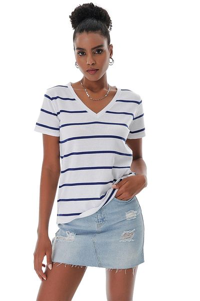 CHUBA Tricou de damă, cu decolteu în V, din bumbac, cu dungi subțiri, tricotaje marine, alb-bleumarin 23s1007