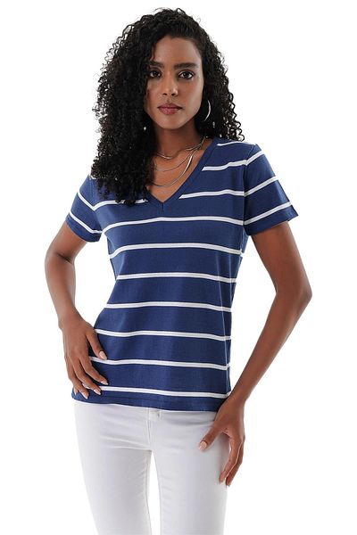 CHUBA Women's V-Neck Thin Striped Cotton Marine Knitwear T-shirt Navy-white 23s1007
