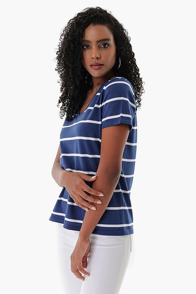 CHUBA Women's V-Neck Thin Striped Cotton Marine Knitwear T-shirt Navy-white 23s1007
