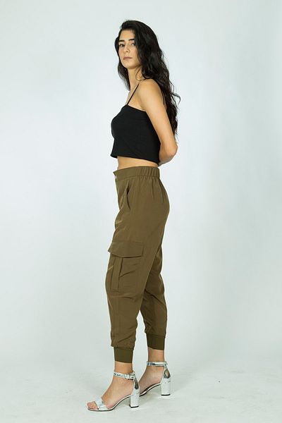 Berm Women's Green Elastic Waist Jogger Cargo Pocket Trousers