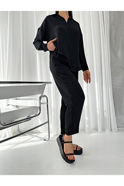 QUTTA بدلة نسائية من آيروبين مع قميص كاجوال أسود