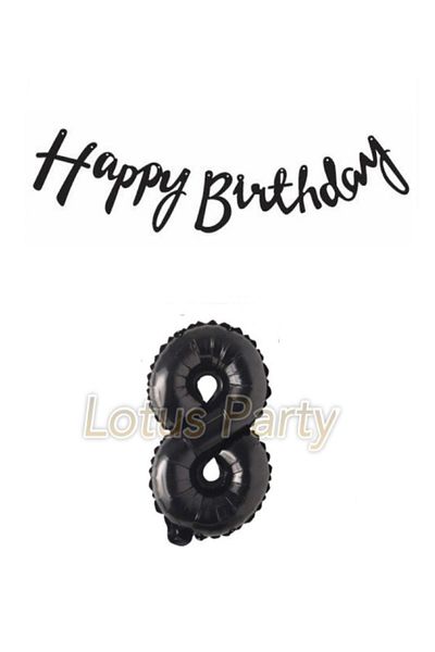 LOTUS PARTY Black 8 Number Foil Balloon Black Happy Birthday Text Banner