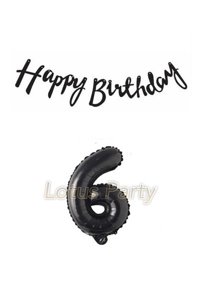 LOTUS PARTY Black 6 Number Foil Balloon Black Happy Birthday Text Banner