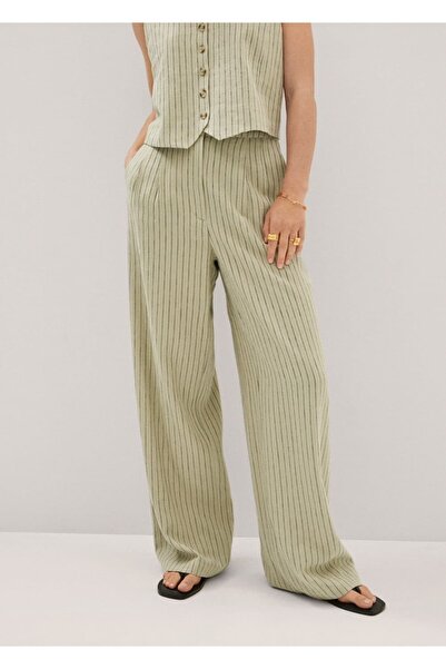MANGO Woman Ince Çizgili Keten Pantolon