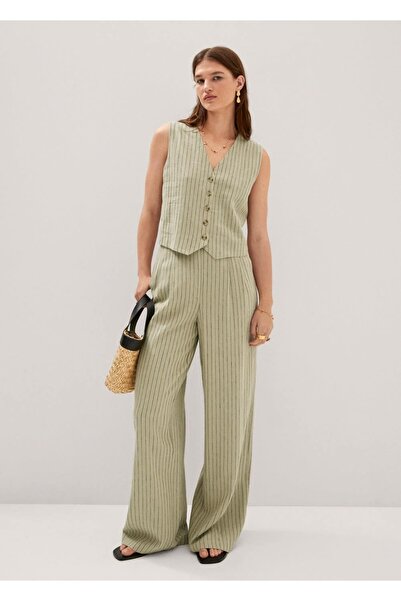 MANGO Woman Ince Çizgili Keten Pantolon
