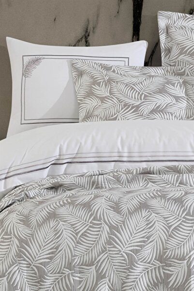 İyi Geceler İstanbul Palm Çift Kişilik Nakışlı Yatak Örtüsü Seti - Bej