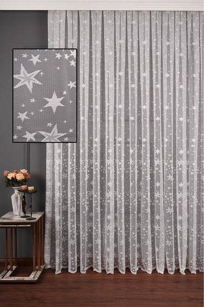 perdealemi Star Pattern Knitted Tulle Curtain, 300x250cm, 1/3 Tight Pleat