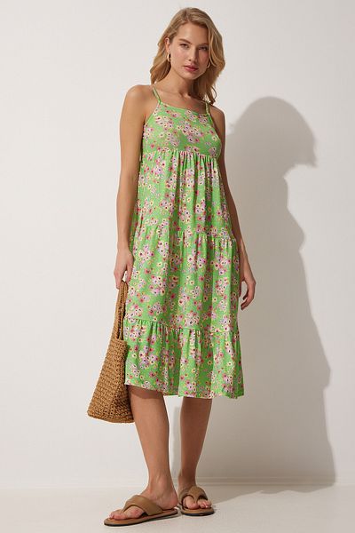 Happiness İstanbul Grünes Sommer-Strickkleid mit Trägern und Blumenmuster für Damen UB00068